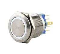 SeKi Bouton poussoir en acier inoxydable - Diamètre : 22 mm - Forme de tête plate - Anneau LED coloré - Œillets à souder blancs - Connecteur 0,5 x 2,8 mm - Bouton de sonnette