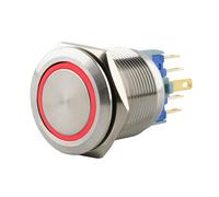 SeKi Bouton poussoir en acier inoxydable - Diamètre : 22 mm - Forme de tête plate - Anneau LED coloré - Œillets à souder rouges - Connecteur 0,5 x 2,8 mm - Bouton de sonnette