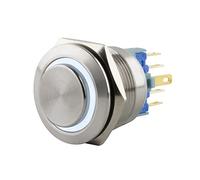 SeKi Bouton poussoir en acier inoxydable - Diamètre : 22 mm - Forme de tête saillante - Anneau LED coloré - Œillets à souder blancs - Connecteur plat 0,5 x 2,8 mm - Bouton de sonnette