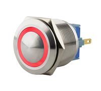 SeKi Bouton poussoir en acier inoxydable - Diamètre : 25 mm - Forme de tête bombée - Anneau LED coloré - Œillets à souder rouges - Connecteur 0,5 x 2,8 mm - Bouton de sonnette