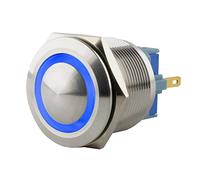 SeKi Bouton-poussoir en acier inoxydable - Diamètre : 25 mm - Forme de tête bombée - Anneau LED coloré - Œillets à souder bleus - Connecteur 0,5 x 2,8 mm - Bouton de sonnette