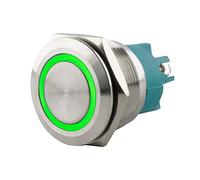 SeKi Bouton poussoir en acier inoxydable - Diamètre : 25 mm - Forme de tête plate - Anneau LED coloré éclairé - Raccord à vis vert - Bouton de sonnette