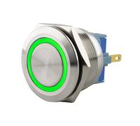 SeKi Bouton-poussoir en acier inoxydable - Diamètre : 25 mm - Forme de tête plate - Anneau LED coloré - Œillets à souder verts - Connecteur 0,5 x 2,8 mm - Bouton de sonnette