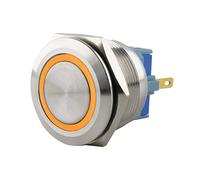 SeKi Bouton poussoir en acier inoxydable - Diamètre : 25 mm - Forme de tête plate - Anneau LED coloré - Œillets à souder jaunes - Connecteur 0,5 x 2,8 mm - Bouton de sonnette