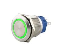 SeKi Interrupteur à pression en acier inoxydable - Diamètre : 19 mm - Forme de tête plate - Anneau LED coloré éclairé en vert - Connecteur 0,5 x 2,8 mm