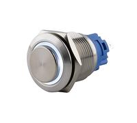 SeKi Interrupteur à pression en acier inoxydable - Diamètre : 19 mm - Forme de tête saillante - Anneau LED coloré - Œillets de soudure blancs - Connecteur 0,5 x 2,8 mm
