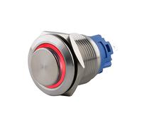 SeKi Interrupteur à pression en acier inoxydable - Diamètre : 19 mm - Forme de tête saillante - Anneau LED coloré éclairé en rouge - Connecteur 0,5 x 2,8 mm