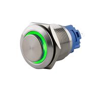 SeKi Interrupteur à pression en acier inoxydable - Diamètre : 19 mm - Forme de tête saillante - Anneau LED coloré - Œillets de soudure verts - Connecteur 0,5 x 2,8 mm