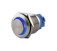 SeKi Interrupteur à pression en acier inoxydable - Diamètre : 19 mm - Forme de tête saillante - Anneau LED coloré éclairé en bleu - Connecteur 0,5 x 2,8 mm