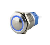 SeKi Interrupteur à pression en acier inoxydable - Diamètre : 19 mm - Tête bombée - Anneau LED coloré éclairé en bleu - Connecteur 0,5 x 2,8 mm
