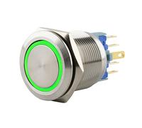 SeKi Interrupteur à pression en acier inoxydable - Diamètre : 22 mm - Forme de tête plate - Anneau LED coloré éclairé en vert - Connecteur 0,5 x 2,8 mm