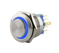 SeKi Interrupteur à pression en acier inoxydable - Diamètre : 22 mm - Forme de tête saillante - Anneau LED coloré éclairé en bleu - Connecteur 0,5 x 2,8 mm