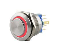 SeKi Interrupteur à pression en acier inoxydable - Diamètre : 22 mm - Forme de tête saillante - Anneau LED coloré - Œillets de soudure rouges - Connecteur 0,5 x 2,8 mm