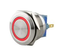SeKi Interrupteur à pression en acier inoxydable - Diamètre : 25 mm - Forme de tête plate - Anneau LED coloré - Œillets de soudure rouges - Connecteur 0,5 x 2,8 mm