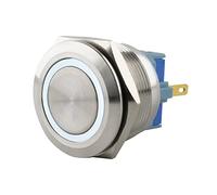 SeKi Interrupteur à pression en acier inoxydable - Diamètre : 25 mm - Forme de tête plate - Anneau LED coloré - Œillets de soudure blancs - Connecteur 0,5 x 2,8 mm