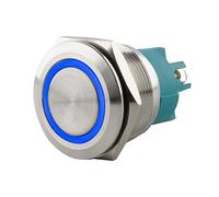 SeKi Interrupteur à pression en acier inoxydable - Diamètre : 25 mm - Forme de tête plate - Anneau LED coloré - Raccord à vis bleu