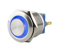 SeKi Interrupteur à pression en acier inoxydable - Diamètre : 25 mm - Forme de tête saillante - Anneau LED coloré éclairé en bleu - Connecteur 0,5 x 2,8 mm