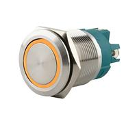 SeKi Interrupteur à pression en acier inoxydable - Forme de tête plate - Anneau LED coloré lumineux en jaune - Raccord à vis 22 mm - Plat