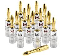 SeKi Lot de 16 fiches bananes plaquées or 24 carats pour câbles d'enceintes jusqu'à 6 mm² avec code couleur (rouge et noir) pour connecter le câble à des installations HiFi, amplificateurs, récepteurs