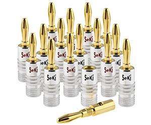 SeKi Lot de 16 fiches bananes plaquées or 24 carats pour câbles d'enceintes jusqu'à 6 mm² avec code couleur (rouge et noir) pour connecter le câble à des installations HiFi, amplificateurs, récepteurs