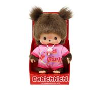 Sekiguchi Bebichhichi 203857 Peluche originale pour fille, avec grenouillère rose et deux tresses, env. 14 cm, en peluche marron