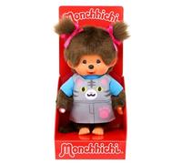 Sekiguchi 203895 - Monchhichi Fille Original avec Robe à Bretelles et Visage de Chat, Peluche d'environ 20 cm en Peluche Marron