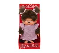 Sekiguchi Peluche Monchhichi Original Fillette 204052 – brune, robe rose scintillante, 20 cm environ