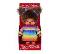 Sekiguchi 204090 - Original Monchhichi Fillette avec Robe Arc-en-Ciel, Peluche Brune de 20 cm env.