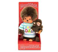 Sekiguchi 220960 - Original Monchhichi garçon, Figurine en Peluche Papa avec Enfant, Super Dad, Peluche d'environ 20 cm en Peluche Brune