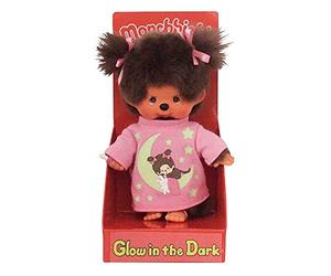 Sekiguchi 223732 - Fille Monchhichi Originale, en Peluche Marron, avec Chemise de Nuit Rose, éléments phosphorescents et nattes avec nœuds, Hauteur 20 cm Environ.