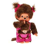 Sekiguchi 236200 - Original Monchhichi mère avec bébé, en Peluche Marron, avec Robe Rose et Noeud dans Les Cheveux, env. 20 cm