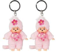 Sekiguchi 242467 - Original Monchhichi Fille Fleur de Cerisier, en Peluche Rose, avec Bavoir et Tresse avec Fleurs, Porte-clés, env. 10 cm (Lot de 2)