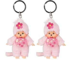 Sekiguchi 242467 - Original Monchhichi Fille Fleur de Cerisier, en Peluche Rose, avec Bavoir et Tresse avec Fleurs, Porte-clés, env. 10 cm (Lot de 2)