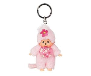 Sekiguchi 242467 - Original Monchhichi Fille Fleur de Cerisier, en Peluche Rose, avec Bavoir et Tresse avec Fleurs, Porte-clés, env. 10 cm