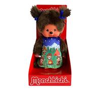Sekiguchi 243082 - Original Monchhichi Girl, Figurine en Peluche avec Robe et Tresses avec Rubans, Animal en Peluche Brun d'env. 20 cm