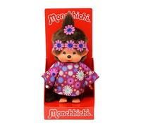 Sekiguchi 252893 - Original Monchhichi Fille Flower Power en Violet et Bleu, Animal en Peluche Brun d'environ 20 cm