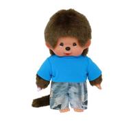 Sekiguchi 253852 - Monchhichi Original garçon avec Jeans et T-Shirt, Animal en Peluche Brun d'environ 20 cm