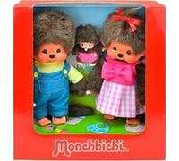 Sekiguchi 254870 - Set Monchhichi Original Fillette avec Robe et nœud, Garçon avec Salopette et Bébé avec Couche, Peluches d'environ 20 cm en Peluche Marron