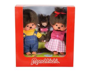 Sekiguchi 254870 - Set Monchhichi Original Fillette avec Robe et nœud, Garçon avec Salopette et Bébé avec Couche, Peluches d'environ 20 cm en Peluche Marron