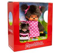 Sekiguchi 254930 Poupée Originale Monchhichi, Maman et Enfant dans la Poussette, en Peluche Marron, avec Robe et Tresses avec nœuds, Environ 20 cm