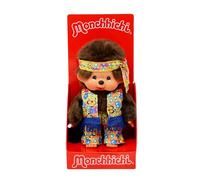 Sekiguchi - Garçon Monchhichi Original, « Flower Power », env. 20 cm | Peluche orange, jaune et bleue, en peluche marron, 252886