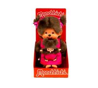 Sekiguchi - Maman Monchhichi Originale avec bébé, Environ 20 cm | Peluche avec une robe rose et un nœud dans les cheveux, peluche en tissu marron, 236200