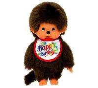 Sekiguchi Monchhichi 242191 Peluche Originale garçon avec Bavoir « Happy Birthday », env. 20 cm, en Peluche Marron