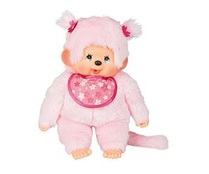 Sekiguchi Monchhichi 242405 Peluche Originale pour Fille, en Peluche Rose, avec Bavoir et Tresses avec Fleurs, env. 45 cm