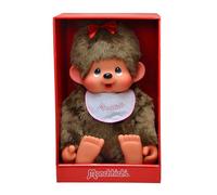 Sekiguchi 255630 - Monchhichi Fille Originale, Peluche avec Bavoir Blanc et Rose et nœud Rouge dans Les Cheveux, Peluche d'environ 80 cm en Peluche Marron