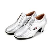 sekiueo Chaussures Danse À Lacets Femmes en Cuir Bout Fermé Chaussures Latin de Salon Ou Salsa Antidérapantes Petit Talon pour Les Mariages Et Les Fêtes,Argent,36 EU
