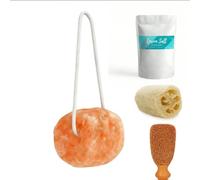Sel de bain naturel de l'Himalaya à suspendre avec corde, 0,9 kg - Combo avec sel d'Epsom 500 g et pierre ponce d'argile, avec éponge luffa biologique gratuite.