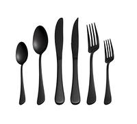 Selafun Ménagère de 24 pièces en acier inoxydable noir mat plaqué titane pour cuisine, passe au lave-vaisselle (service pour 4 personnes)