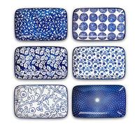 Selamica Lot de 6 assiettes rectangulaires en céramique de 20,3 cm pour salade, dîner, pâtes, desserts, apéritifs, sushis, fruits, passent au micro-ondes, four, lave-vaisselle - Bleu vintage