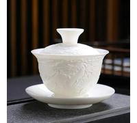 SELCOA Service à thé Kung Fu en Porcelaine Blanche, soupière en Relief de Jade Blanc, Tasses en céramique Simples Portables Dragon et phénix Gaiwan